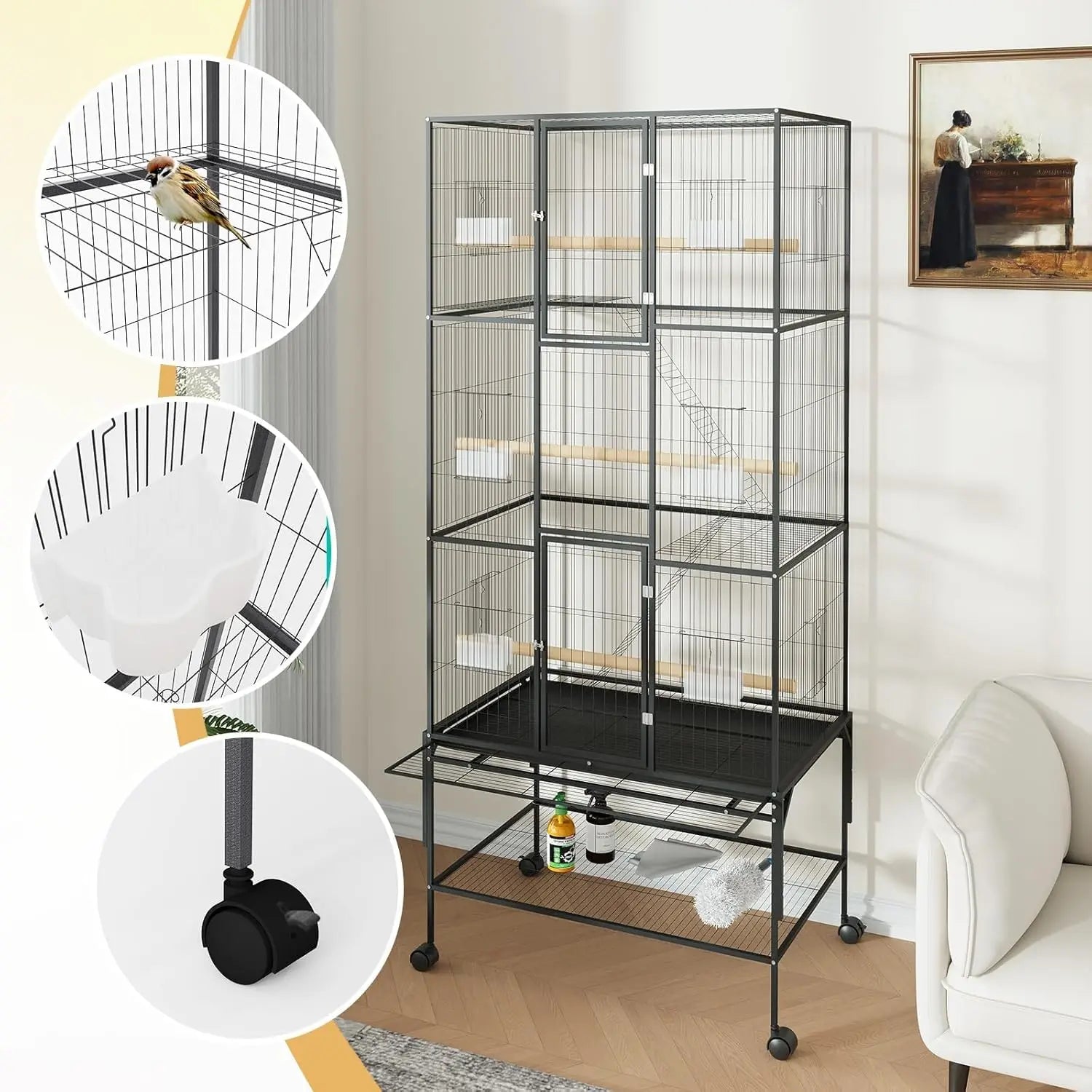69-Inch Extra Large Rolling Bird Cage With Storage