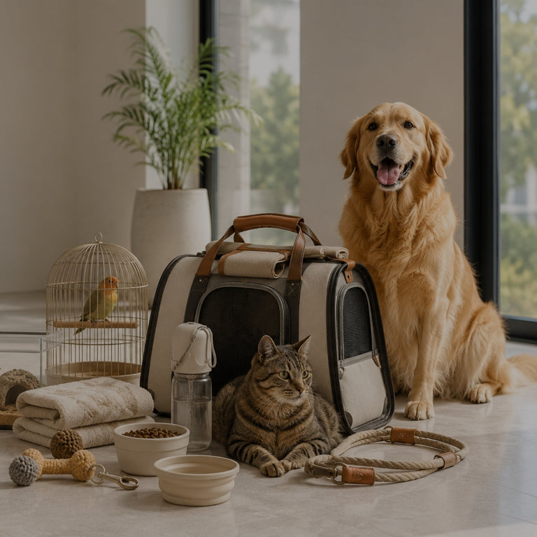 Dog and cat sitting next to pet supplies in a room with large windows.