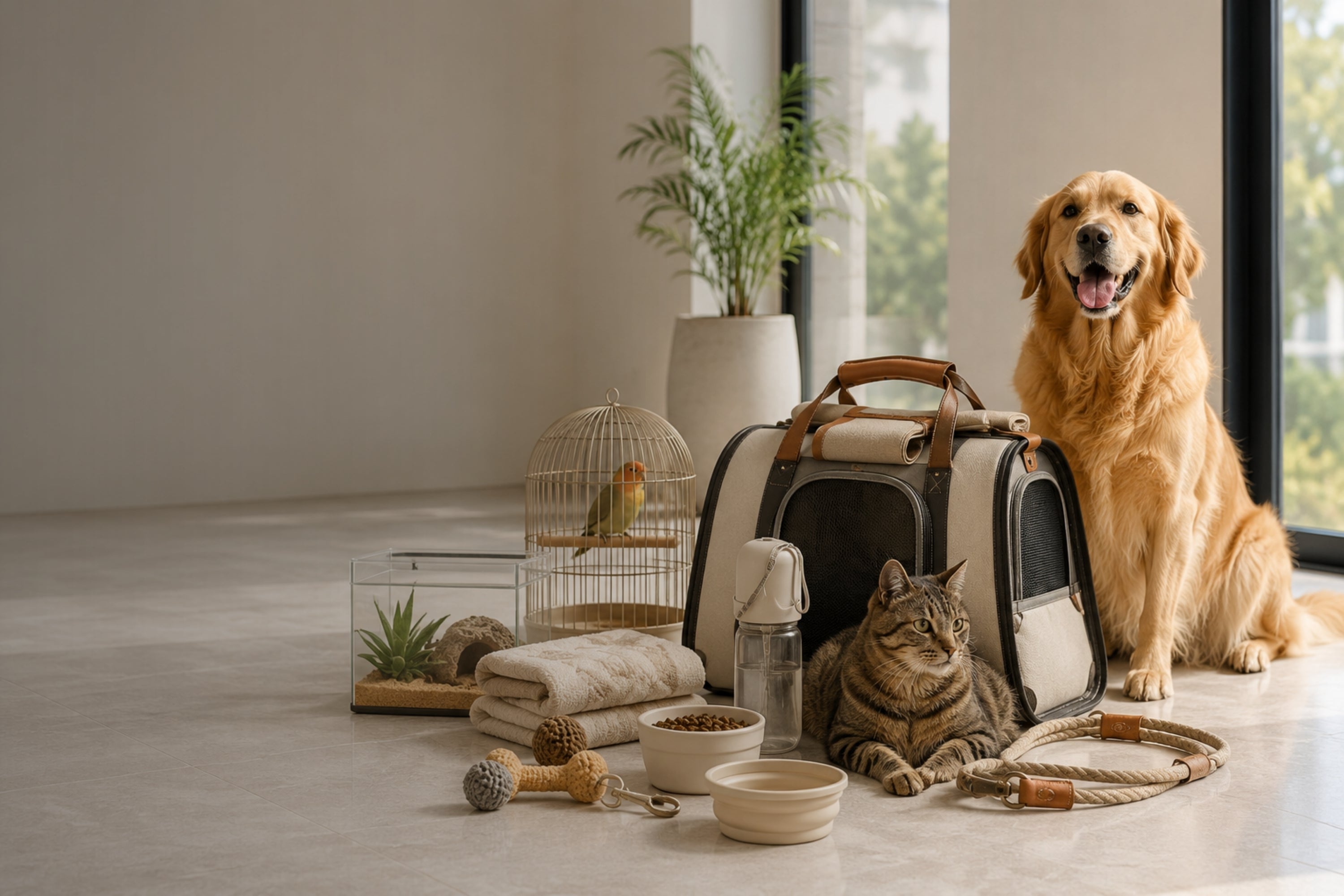Dog and cat sitting next to pet supplies in a room with large windows.
