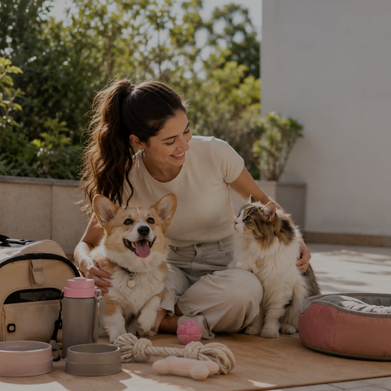 Woman sitting outdoors with two dogs and pet supplies
